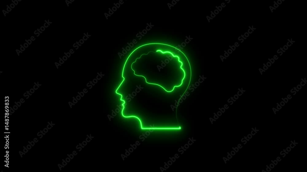 Neon green outline of a human head with brain animation on black background Neon green outline of a human head with brain animation on black background