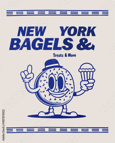 Fun Retro Illustration of New York Bagels and Treats. A vintage-style graphic design featuring a friendly, cartoon bagel character holding an ice cream cone.
