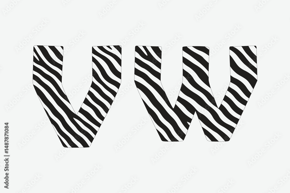A bold and decorative capital letter 'V' 'W' featuring a zebra stripe pattern in black and white A bold and decorative capital letter 'V' 'W' featuring a zebra stripe pattern in black and white