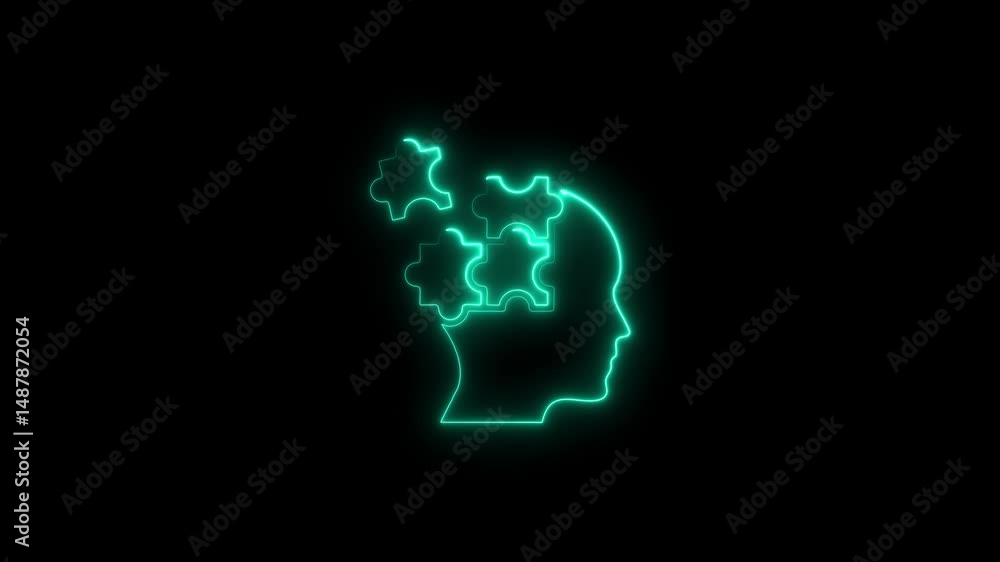 Animated neon outline of a human head with puzzle pieces representing ideas Animated neon outline of a human head with puzzle pieces representing ideas