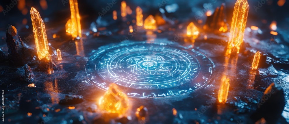 Obraz premium Mystical glowing runes circle surrounded by fiery crystals.