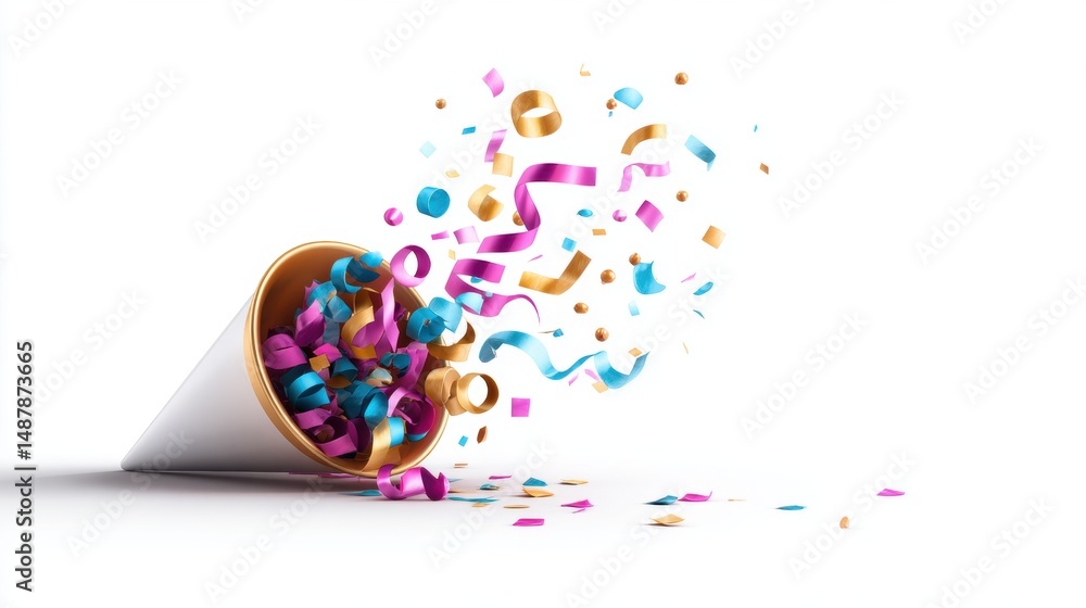 Fototapeta premium Colorful Confetti Exploding from Party Cone on White Background