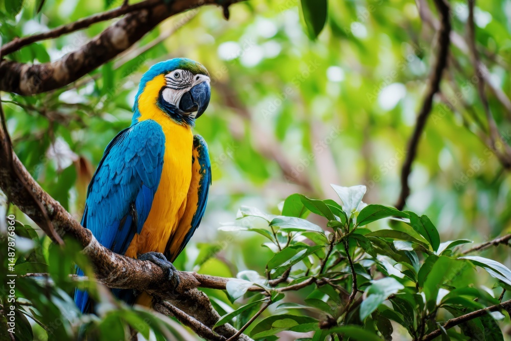 Obraz premium Blue and Yellow Macaw Perched on Tree Branch in Lush Tropical Rainforest