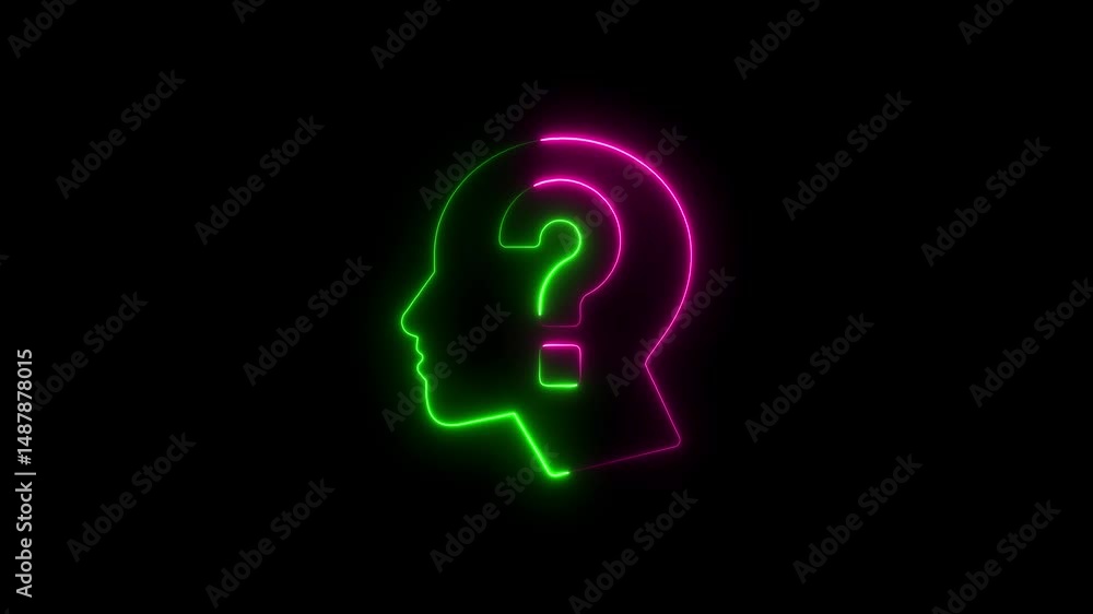 Neon silhouette of a head with question mark indicating thought and doubt Neon silhouette of a head with question mark indicating thought and doubt