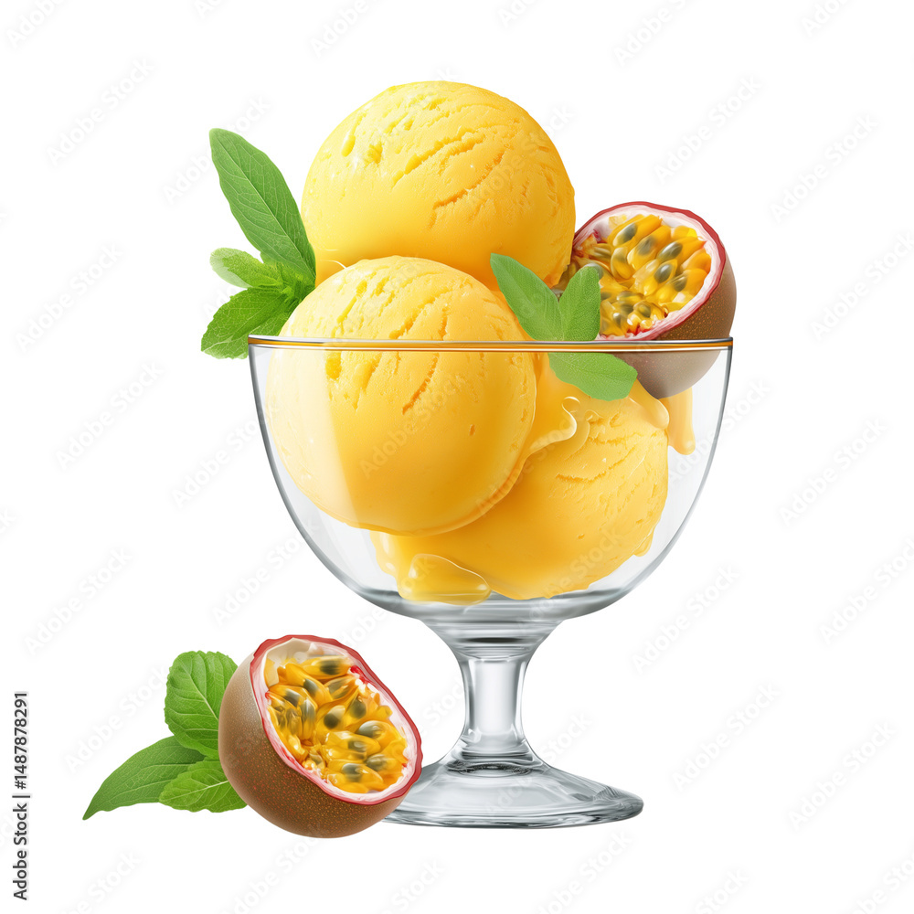 Passion fruit sorbet in glass with mint garnish isolated on white