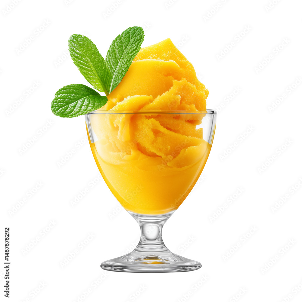 Mango sorbet in glass with mint garnish isolated on white