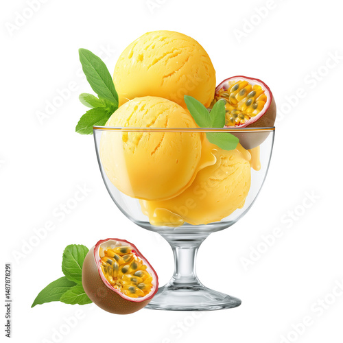 Obraz na płótnie Passion fruit sorbet in glass with mint garnish isolated on white w salonie