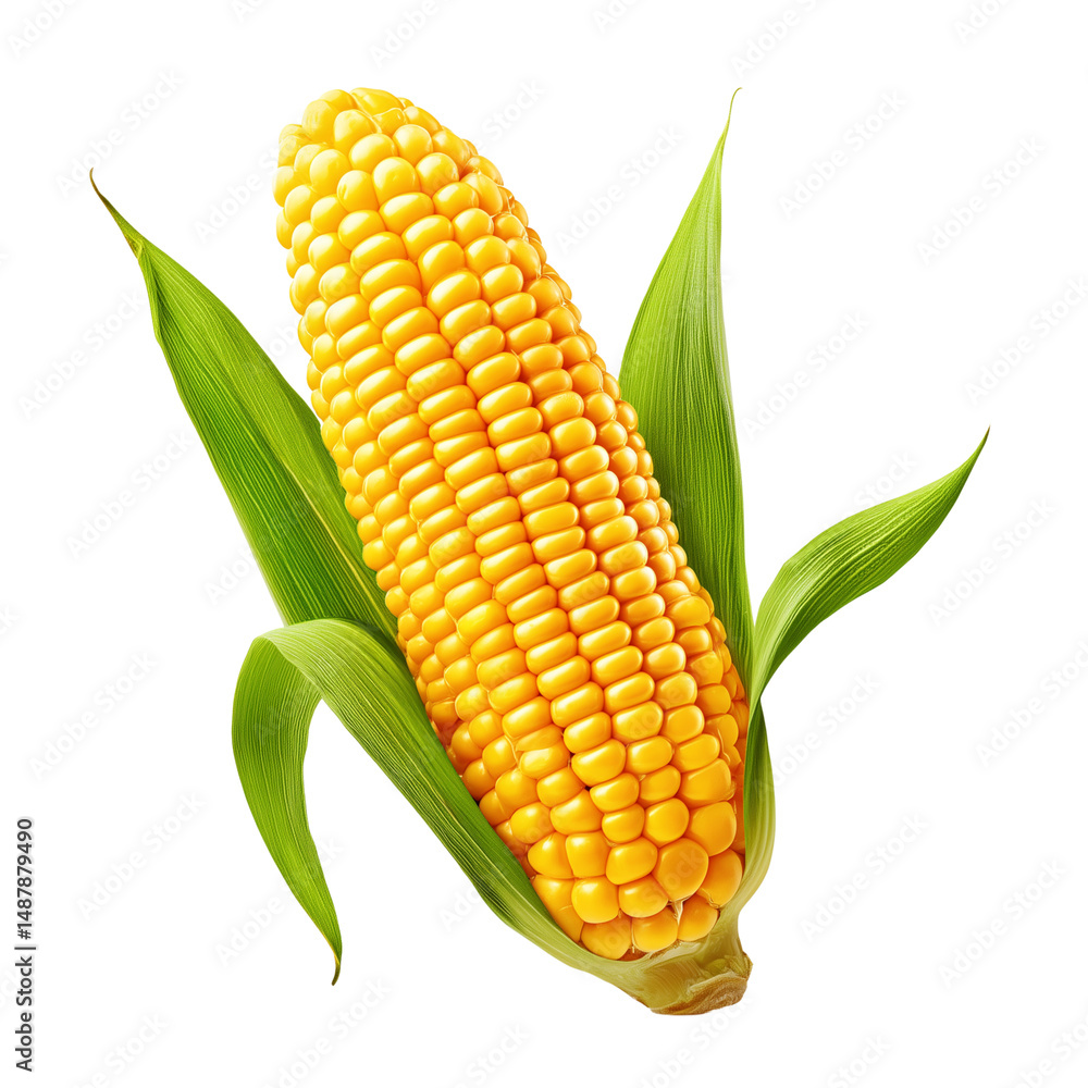 Fresh corn on the cob with green leaves isolated on white background