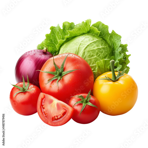 Fresh assortment of tomatoes, cabbage, lettuce, and onion isolated on white