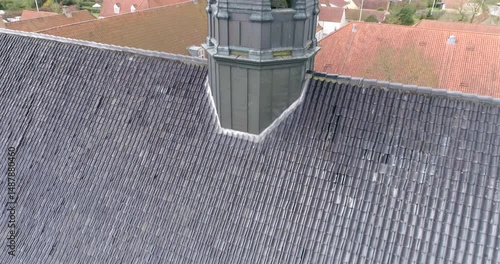 Moruvian Church clock tower in Christiansfeld - klokketårnet i Christiansfeld - drone