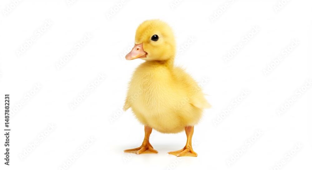 Fluffy yellow duckling stands boldly against bright white background. AI Generated Fluffy yellow duckling stands boldly against bright white background. AI Generated