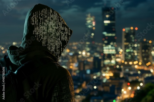 Anonymous Hacker Observing Cityscape at Night with Binary Code on Hoodie