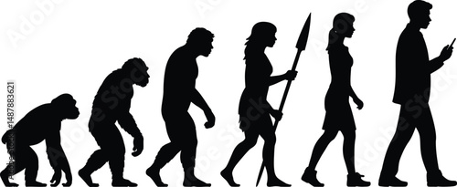 Human evolution depicted in black silhouettes from ape to modern person using a phone