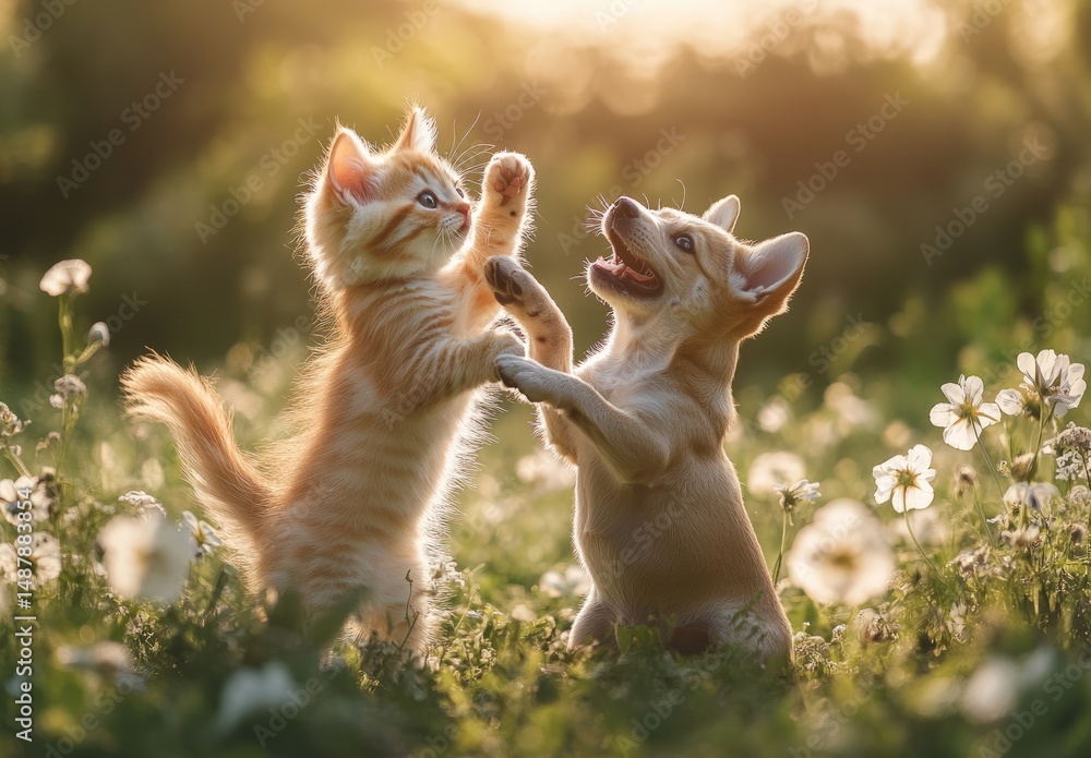 Fototapeta premium Playful kitten and puppy engaged in a joyful moment surrounded by flowers in a sunny field during golden hour