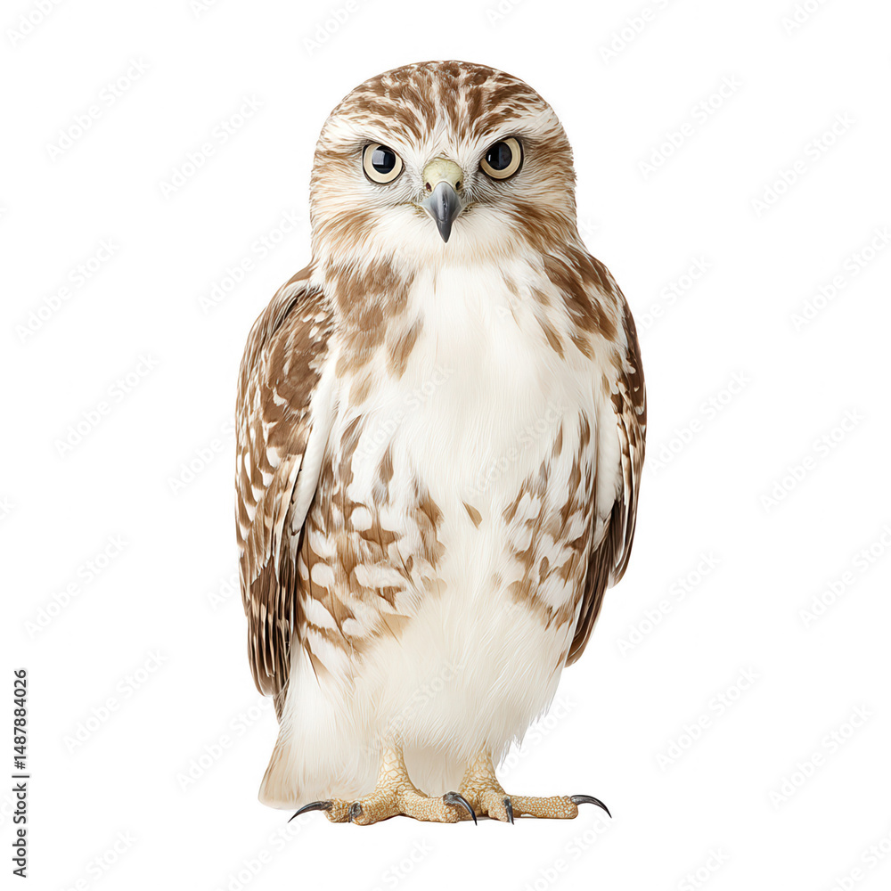 Fototapeta premium A speckled brown and white owl attentively stares forward on white background.