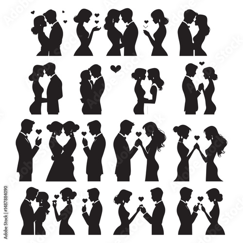 set of black Romantic couple lovers proposing in various poses vector silhouettes isolated on white background
