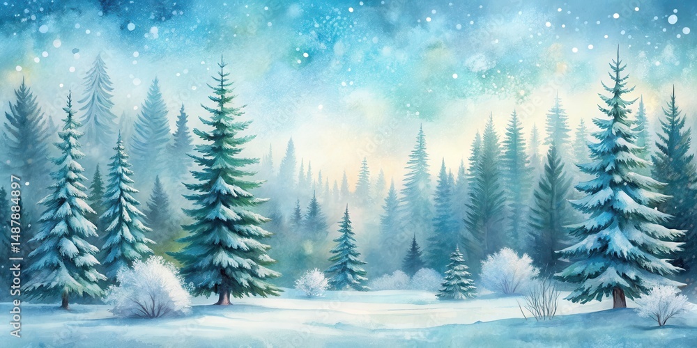 Obraz premium Snow-covered forest with a cute winter watercolor landscape, winter, watercolor, snowy, forest, trees, nature, scenic