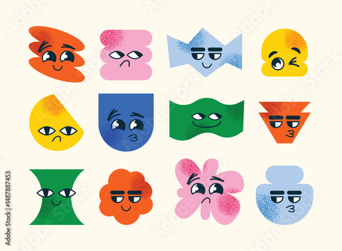 Set of abstract geometric characters expressive facial expressions. Concept emotions  happiness, sadness, confusion, and smugness. Flat vector cartoon style illustration isolated emotion icons