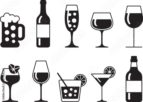 Alcoholic beverage icons set black and white