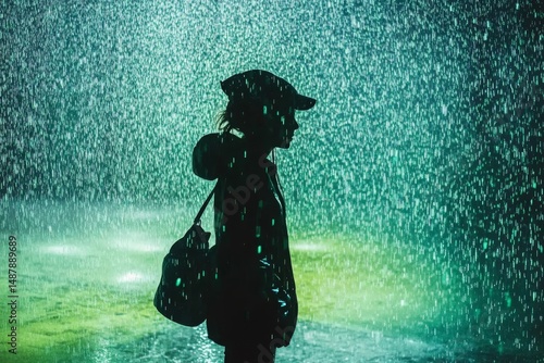 Silhouette of a Person in the Rain, Peaceful and Serene Atmosphere