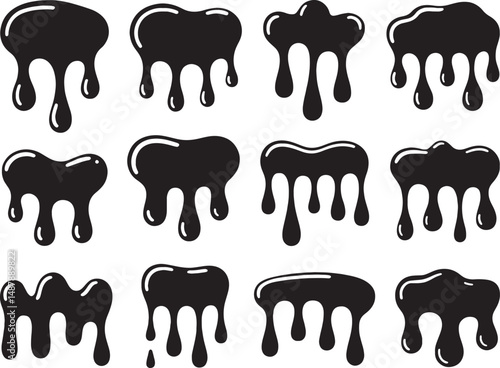 Twelve dripping liquid shapes black ink splatter