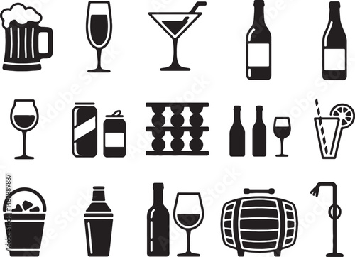 Alcohol drinks icons beer wine cocktails set