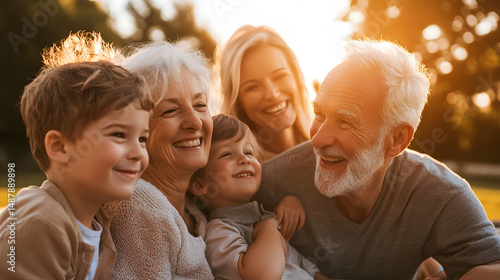 A multi-generational family enjoying a picnic in a scenic park. Kids play on the grass, grandparents smile, and parents relax on a blanket. The warm, golden-hour light enhances the sense of love and