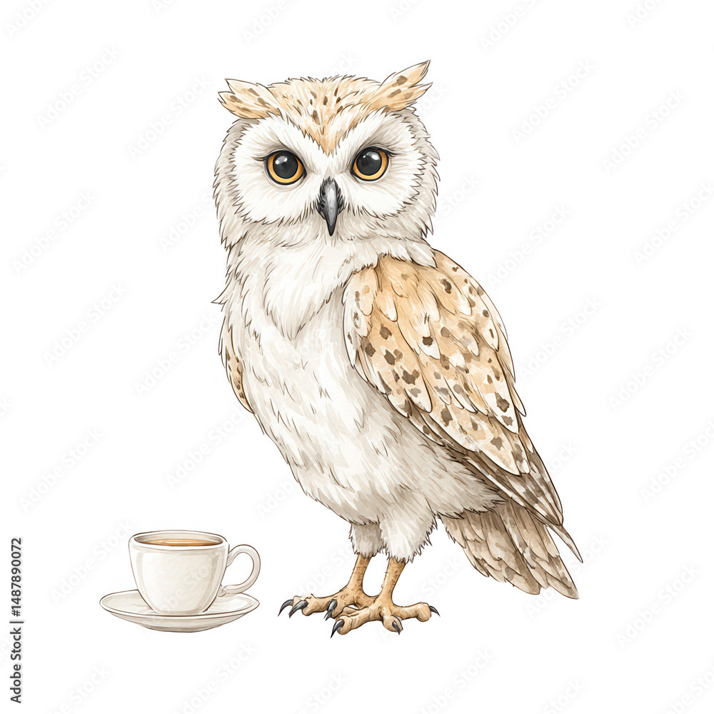 Fototapeta premium An adorable owl sits near a cup of coffee in a charming watercolor image.