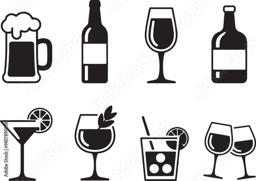 Alcohol drinks icons beer wine cocktails set