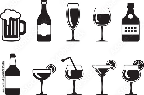 Alcohol drinks icons beer wine liquor cocktails