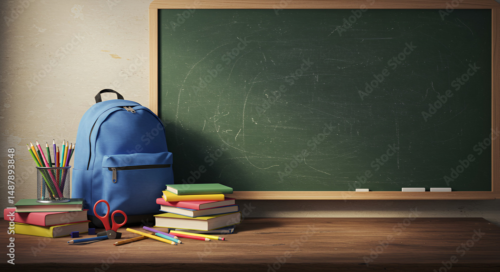 School desk with books backpack and chalkboard School desk with books backpack and chalkboard