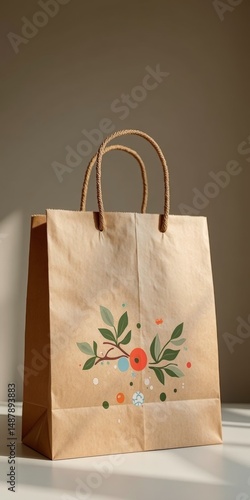A brown paper bag with a leafy floral design on it