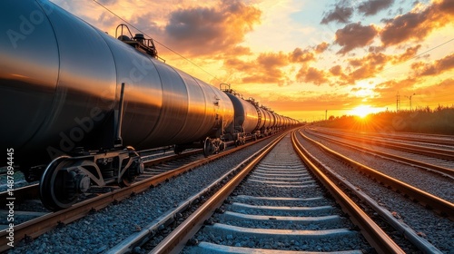 Golden sunset illuminates railway tracks as an industrial train glides slowly into the horizon