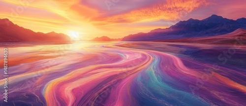 A beautiful sunset over a body of water with mountains in the background