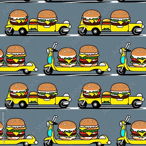 cartoon hamburgers driving scooters