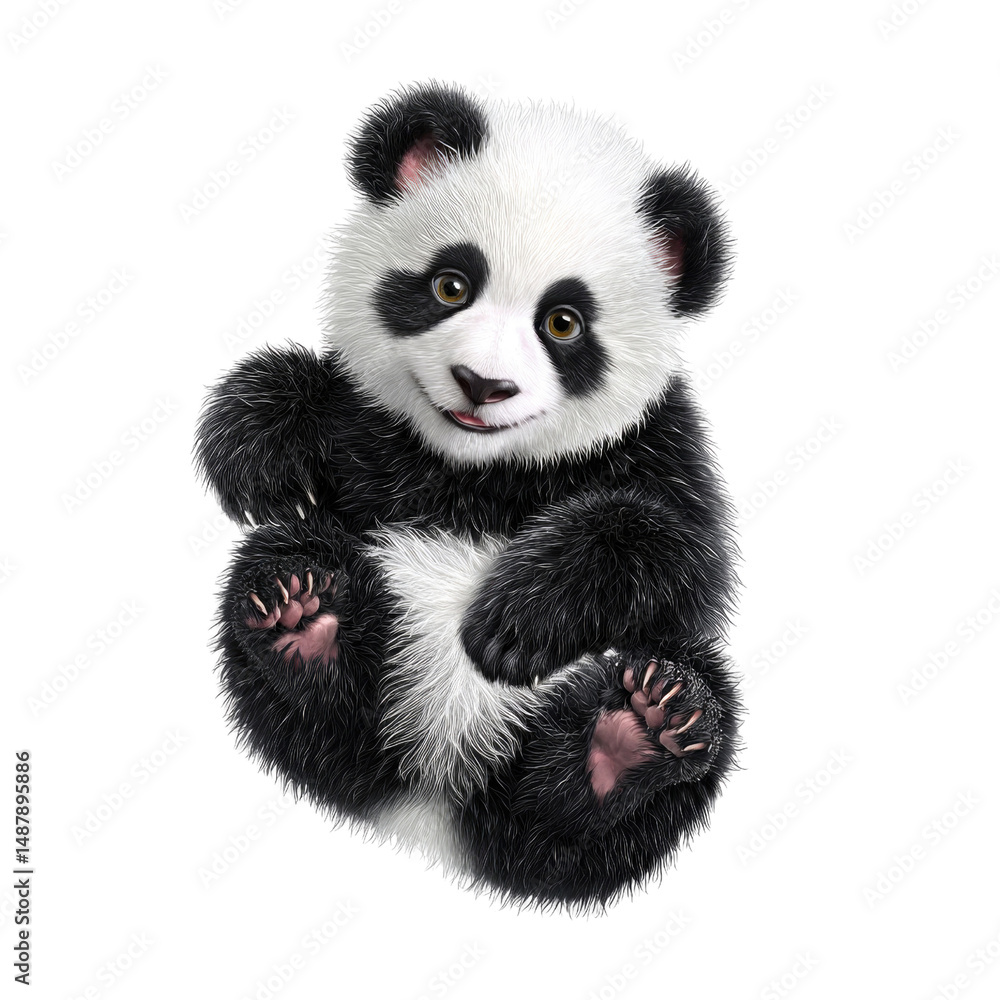 A baby panda sits with its paws in front, displaying a playful demeanor. Its fur is a mix of black and white, and it looks curiously at its surroundings, exuding charm A baby panda sits with its paws in front, displaying a playful demeanor. Its fur is a mix of black and white, and it looks curiously at its surroundings, exuding charm
