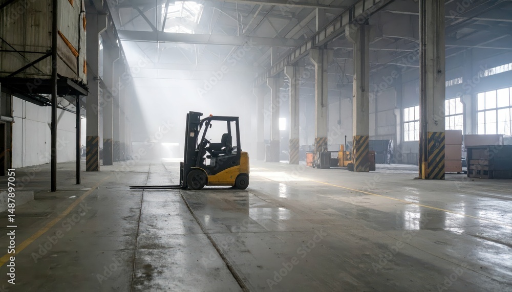 Naklejka premium Misty Antique Warehouse with Automated Forklifts and Light Rays
