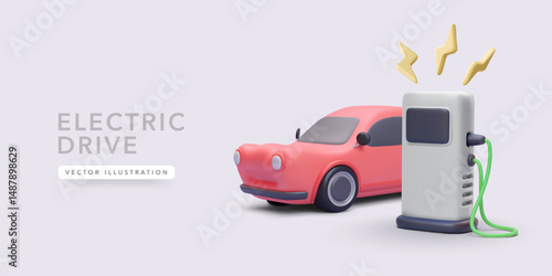 3d Electric Car Charging at Power Station with Lightning Bolt Icons and Pink Vehicle on Light Background. Eco Transport Concept. Vector Illustration