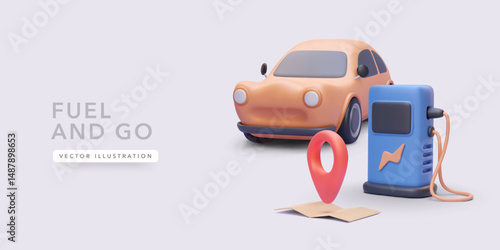 Electric Car Charging with GPS Pin and Fuel Station in Soft 3D Cartoon Style. Navigation and Eco Transportation Concept. Vector Illustration