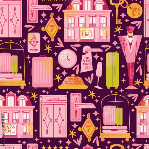 Seamless pattern hotel building facade, luggage, room keys, door handles, elevator, bellhop, 'Do Not Disturb' sign, service bell, and champagne glass. Flat cartoon style. Hospitality,  travel concept
