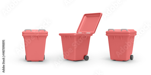 Red Trash Bin in Open and Closed Position. Plastic Waste Container for Recycling and Garbage Sorting, Minimal and 3d Clean Design. Vector Illustration