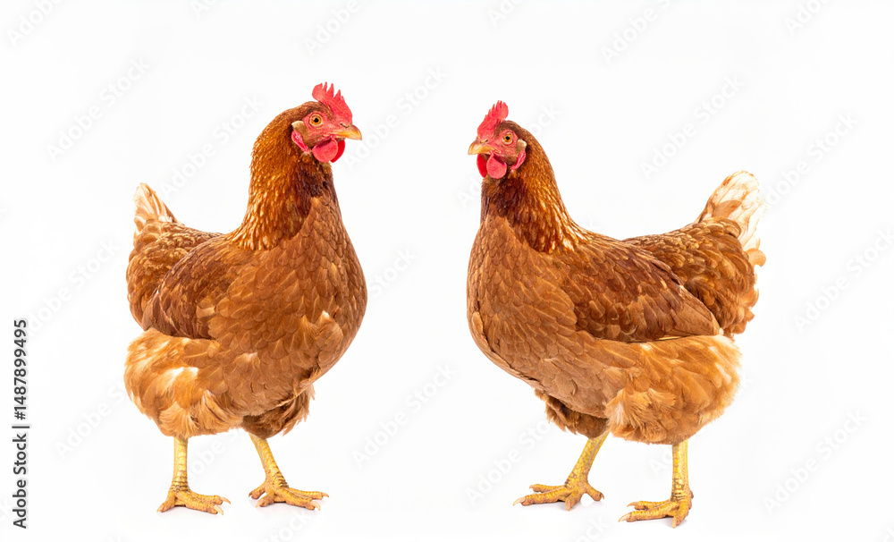 Fototapeta premium Two brown hens standing on a white background