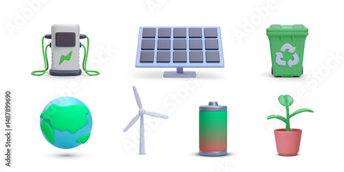 Eco Energy Icons Featuring Charging Station, Solar Panel, Recycling Bin, Wind Turbine, Battery, Earth, And Plant In 3D Minimal Style. Clean Green Future Concept. Vector Illustration