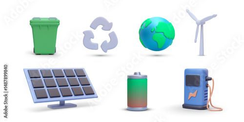 Renewable Energy, Recycling, Green Technology, Earth, Wind Turbine, Solar Panel, Battery And Electric Charging Station In 3D Minimal Style. Eco Sustainability Concept. Vector Illustration