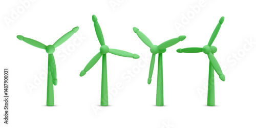 Wind Energy, Green Power, Eco Friendly Technology And Renewable Resources Concept With 3D Wind Turbines In Minimal Style. Clean Electricity Source. Vector Illustration