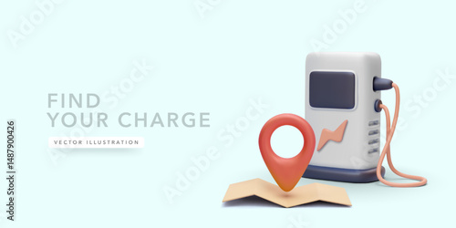 Electric Charging Station with Location Pin Symbolizing EV Map Navigation and Charging Infrastructure for Eco-Friendly Transport. Clean 3D Design. Vector Illustration.
