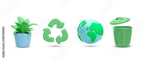 Eco, Recycle, Earth, Sustainability, and Nature Icons in 3D Style for Environmental Awareness and Green Living Concepts. Clean and Modern Vector Illustration.