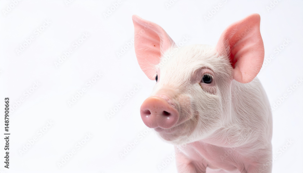 Fototapeta premium Curious piglet looking up on white background