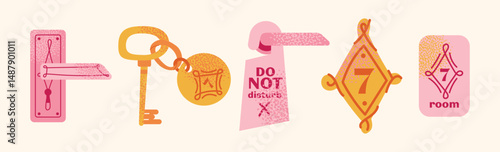 Collection hotel building facade, luggage, room keys, door handles, elevator, bellhop, 'Do Not Disturb' sign, service bell, and champagne glass. Flat cartoon style. Hospitality,  travel concept set