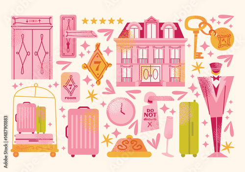 Collection hotel building facade, luggage, room keys, door handles, elevator, bellhop, 'Do Not Disturb' sign, service bell, and champagne glass. Flat cartoon style. Hospitality,  travel concept set